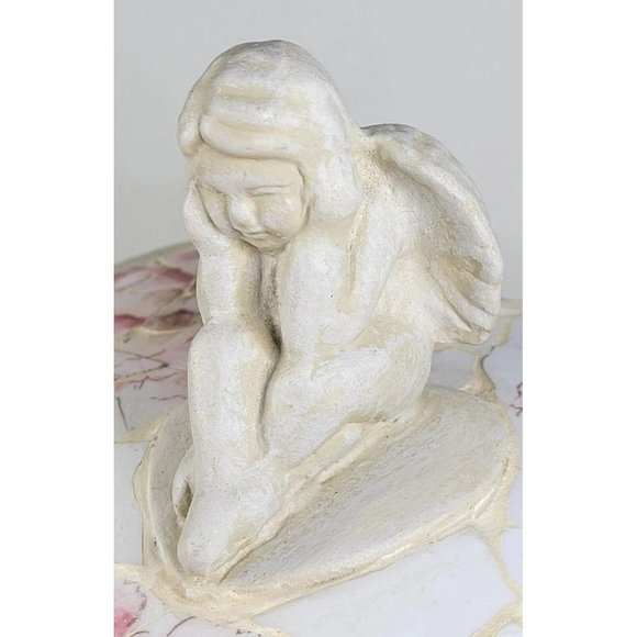 RARE Shabby Chic Vintage Rose Mosaic Angel Keepsake Heart Box - Picture 3 of 11